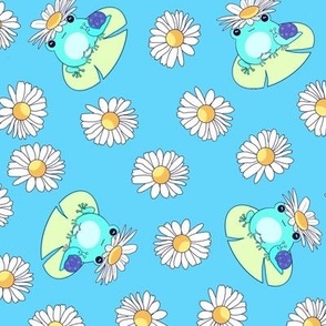 Cute blue Kawaii frogs, snail friends and daisies on blue