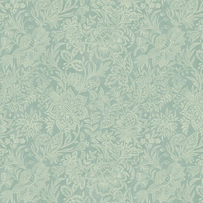 Folk Floral Jacobean - 12" large - celedon green 