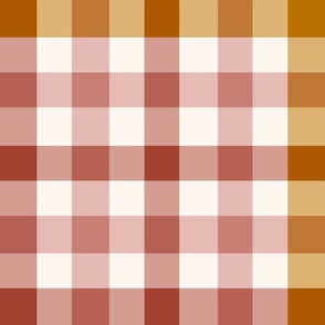 Rust orange, redwood pink, goldenrod yellow and off-white linen plaid