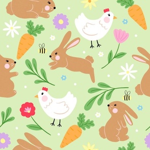 Floral Spring Easter Bunnies, flowers and chickens on  soft green 
