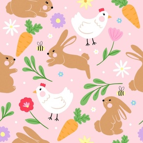 Floral Spring Easter Bunnies, flowers and chickens on Pink