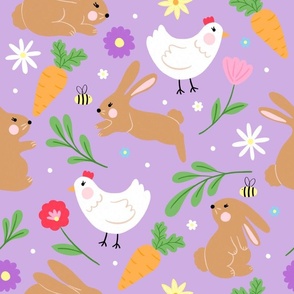 Floral Spring Easter Bunnies, flowers and chickens on lilac