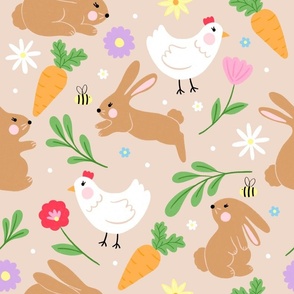 Floral Spring Easter Bunnies, flowers and chickens on beige