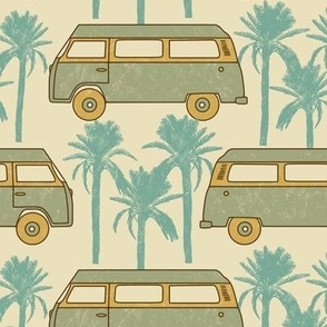 Retro Van and Palm Trees-Green