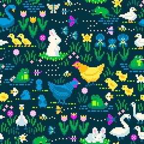 Springtime Pixel Art Animals - Dark Background - Large Print