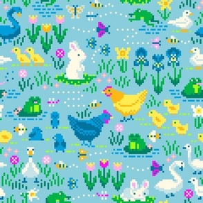 Springtime Pixel Art Animals - Blue Background - Large Print
