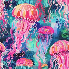 Underwater Vibrant Jellyfish Ocean -Pink Blue Aqua Orange