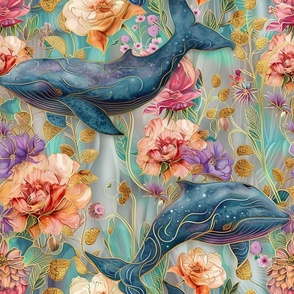Whale Dolphin Ocean Sea Blue Peach Floral Flowers