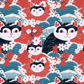 Japanese Woodblock Style Yukio-e Cats and Sakura Cherry Blossoms