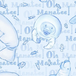 Oh Manatee! Whimsical Manatee and Fish | Hand-Drawn Colored Pencil Design in Hawkes Blue | Large Scale