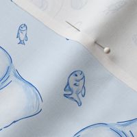 Whimsical Manatee and Fish | Hand-Drawn Colored Pencil Design in Hawkes Blue - Medium Scale