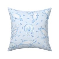Whimsical Manatee and Fish | Hand-Drawn Colored Pencil Design in Hawkes Blue - Medium Scale