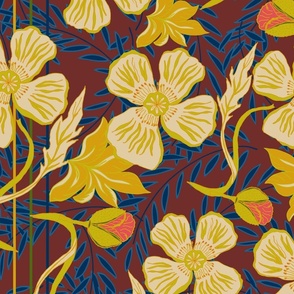 L. Golden Art Nouveau Poppies on Chestnut Brown Background