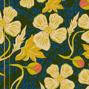 L.  Golden Art Nouveau Poppies & Stripes on Deep Forest Green