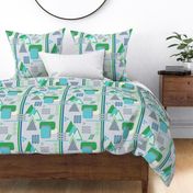 Geometric Abstract - Rectangles, Triangles, and Circles in Blue, Gray, and Green - Large