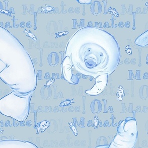 Oh Manatee! Whimsical Manatee and Fish | Hand-Drawn Colored Pencil Design in Jungle Mist Blue | Large Scale