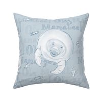 Oh Manatee! Whimsical Manatee and Fish | Hand-Drawn Colored Pencil Design in Geyser Blue | Large Scale
