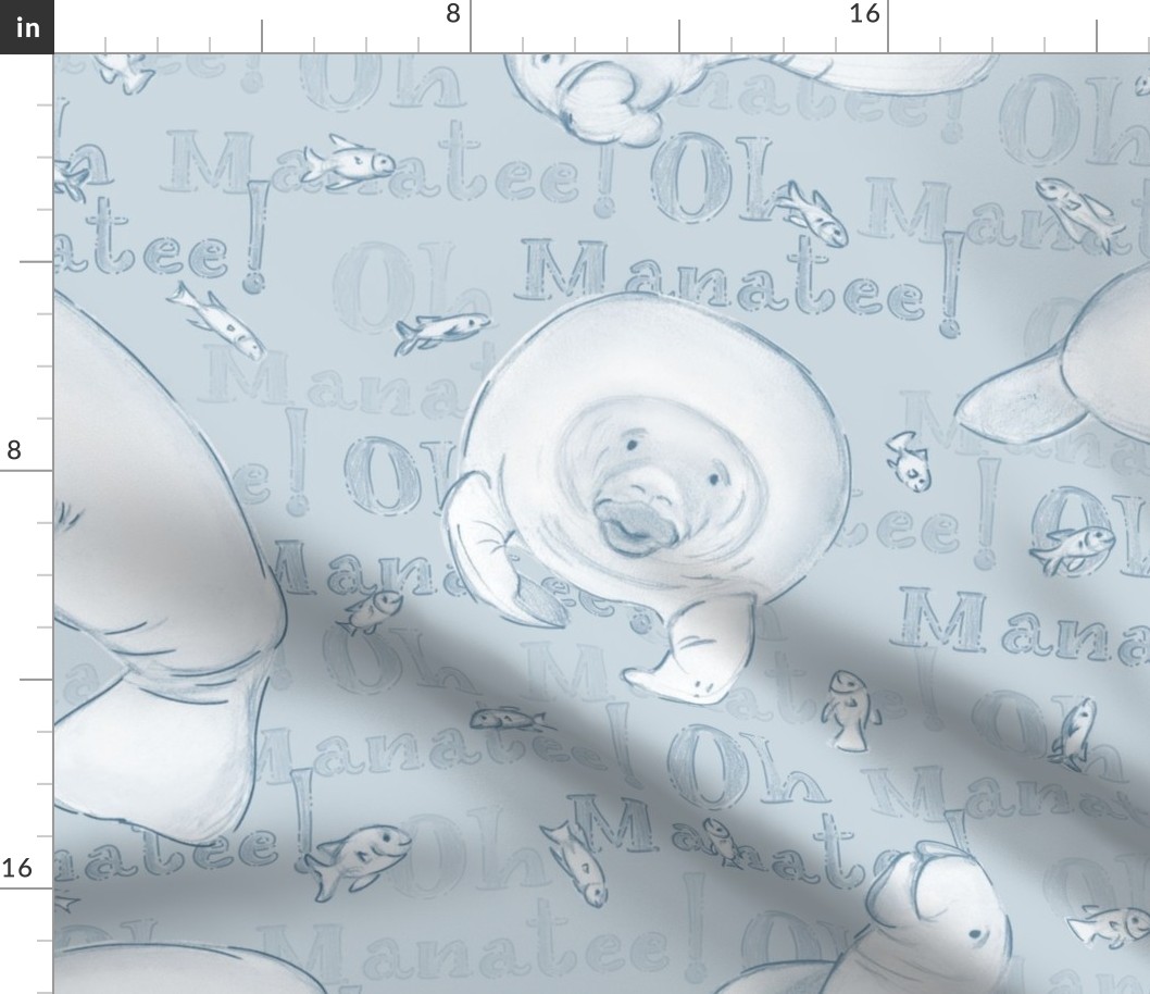 Oh Manatee! Whimsical Manatee and Fish | Hand-Drawn Colored Pencil Design in Geyser Blue | Large Scale