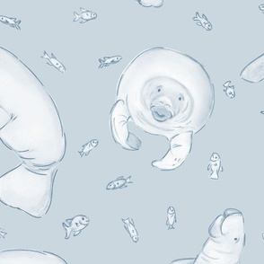 Whimsical Manatee and Fish | Hand-Drawn Colored Pencil Design in Geyser Blue | Large Scale