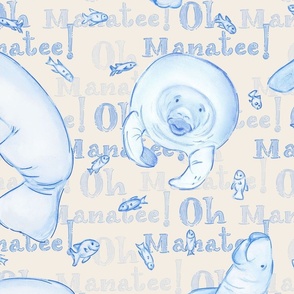 Oh Manatee! Whimsical Manatee and Fish | Hand-Drawn Colored Pencil Design in Merino White | Large Scale