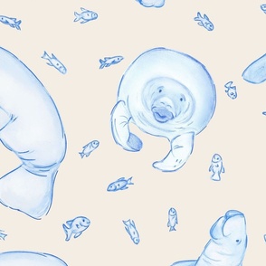 Whimsical Manatee and Fish | Hand-Drawn Colored Pencil Design in Merino White | Large Scale