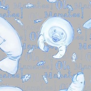 Oh Manatee! Whimsical Manatee and Fish | Hand-Drawn Colored Pencil Design in Nobel Grey | Large Scale