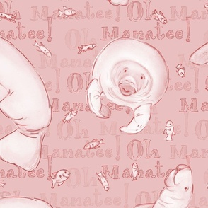 Oh Manatee! Whimsical Manatee and Fish | Monochrome Hand-Drawn Colored Pencil Design in Rose Fog Pink