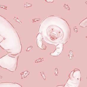 Whimsical Manatee and Fish | Monochrome Hand-Drawn Colored Pencil Design in Rose Fog Pink | Large Scale