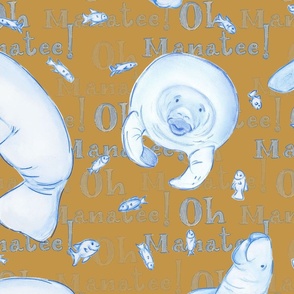 Oh Manatee! Whimsical Manatee and Fish | Hand-Drawn Colored Pencil Design in Tussock Yellow | Large Scale