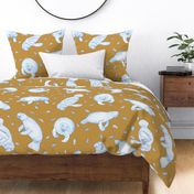 Whimsical Manatee and Fish | Hand-Drawn Colored Pencil Design in Tussock Yellow | Large Scale