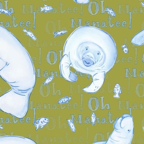 Oh Manatee! Whimsical Manatee and Fish | Hand-Drawn Colored Pencil Design in Sycamore Green | Large Scale