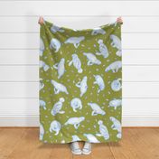 Whimsical Manatee and Fish | Hand-Drawn Colored Pencil Design in Sycamore Green | Large Scale