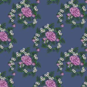 Climbing Pink Rose and Strawberry Blossoms On Blue