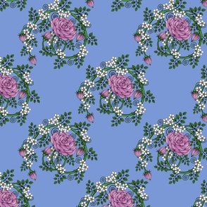 Climbing Pink Rose and Strawberry Blossoms On Blue