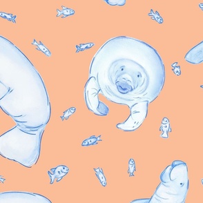 Whimsical Manatee and Fish | Hand-Drawn Colored Pencil Design in Peach Fuzz | Large Scale