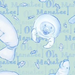 Oh Manatee! Whimsical Manatee and Fish | Hand-Drawn Colored Pencil Design in Edgewater Green | Large Scale