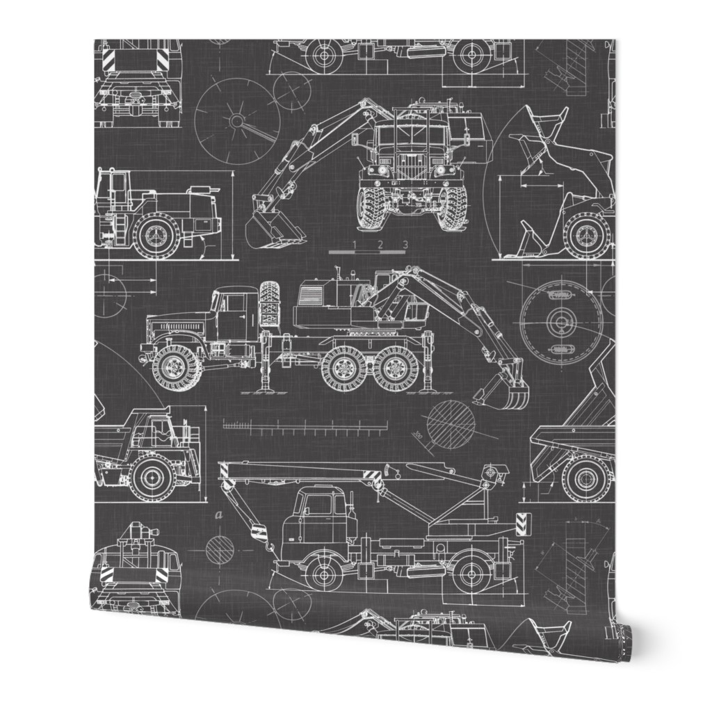 Large Scale / Construction Trucks Blueprint / Linen Textured Background / Warm Black R: 65 G: 64 B: 64