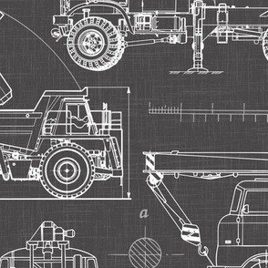 Large Scale / Construction Trucks Blueprint / Linen Textured Background / Warm Black R: 65 G: 64 B: 64