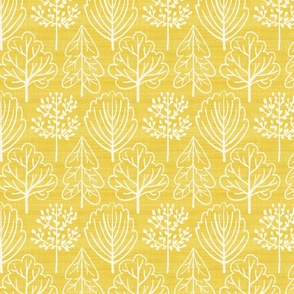 White hand-drawn trees on a bright yellow linen canvas