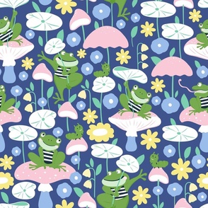 Frogs in spring navy blue background large scale 18 inch repeat