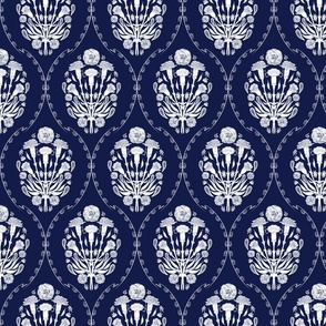 Carnation Block Print in Mughal style, white on indigo blue - with border