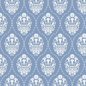 Block Print Carnations n Mughal style, white on rock blue - with border