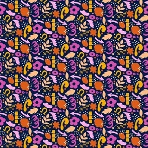 Mini micro scale purple, orange, yellow, pink and navy blue abstract shape half drop pattern, for patchwork, quilting, hair accessories, apparel and décor