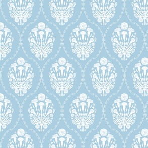 Carnation Block Print in Mughal style, white on powder blue - with border