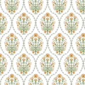 Carnation Block Print in Mughal style, peach fuzz green, with border
