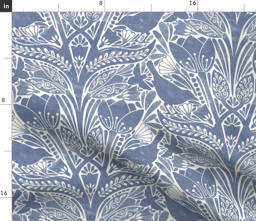 damask Spring tulips art nouveau birds bees white Blue Nova