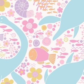 Swimming with plesiosaurs -  pastel light  purple, pink and orange, large scale by Cecca Designs