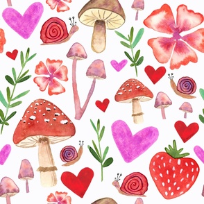 Snail and mushroom love - original hand-painted watercolor floral