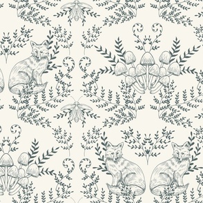 fox and fungi - Foxes, fungi, ferns, and fireflies - blue gray on cream