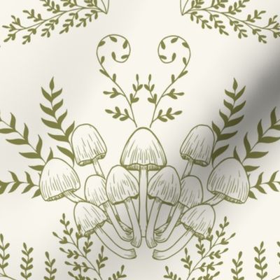 Foxes, fungi, ferns, and fireflies - green on cream